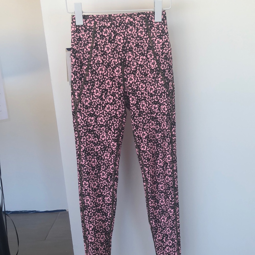 Anahi full length medium compression legging in deep green and pink floral print